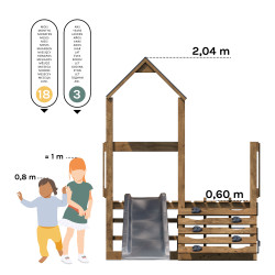 Dimensions de l’aire de jeux ATHENES illustrées selon l’âge et la taille des enfants