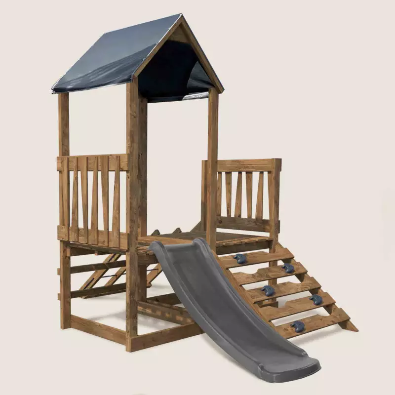 Aire de jeux ATHENES avec mur d’escalade, plateforme et toboggan pour enfants dès 18 mois, vue 3/4 gauche