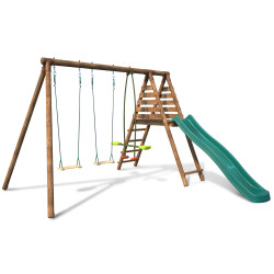 Portique balançoire en bois CARNAVAL 3 agrès avec face à face et toboggan double vague sur fond blanc