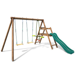 Portique balançoire en bois PARTY avec 3 agrès, face à face et toboggan à faible hauteur sur fond blanc