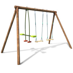 Portique balançoire en bois FIESTA avec 3 agrès et face à face sur fond blanc
