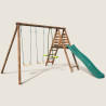 Portique balançoire en bois CARNAVAL avec 3 agrès et toboggan double vague vue 3/4