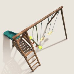 Vue aérienne du portique balançoire en bois CARNAVAL avec face à face, 3 agrès et toboggan