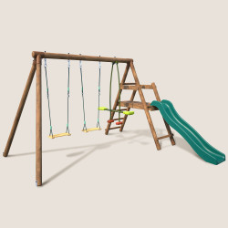 Portique balançoire en bois PARTY avec 3 agrès, face à face et toboggan à plateforme basse vue 3/4