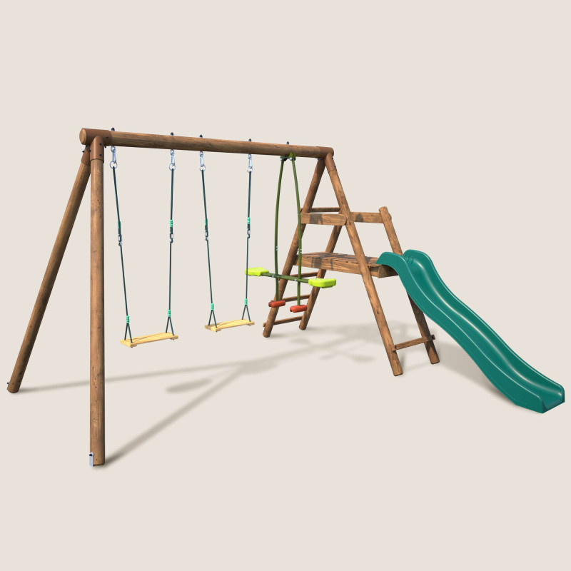 Portique balançoire en bois PARTY avec 3 agrès, face à face et toboggan à plateforme basse vue 3/4