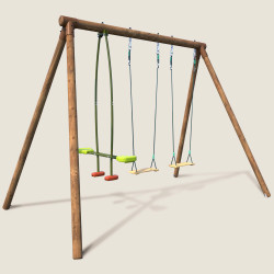 Portique balançoire en bois CONFETTIS avec 3 agrès, face à face et hauteur de 2,22 m vue 3/4