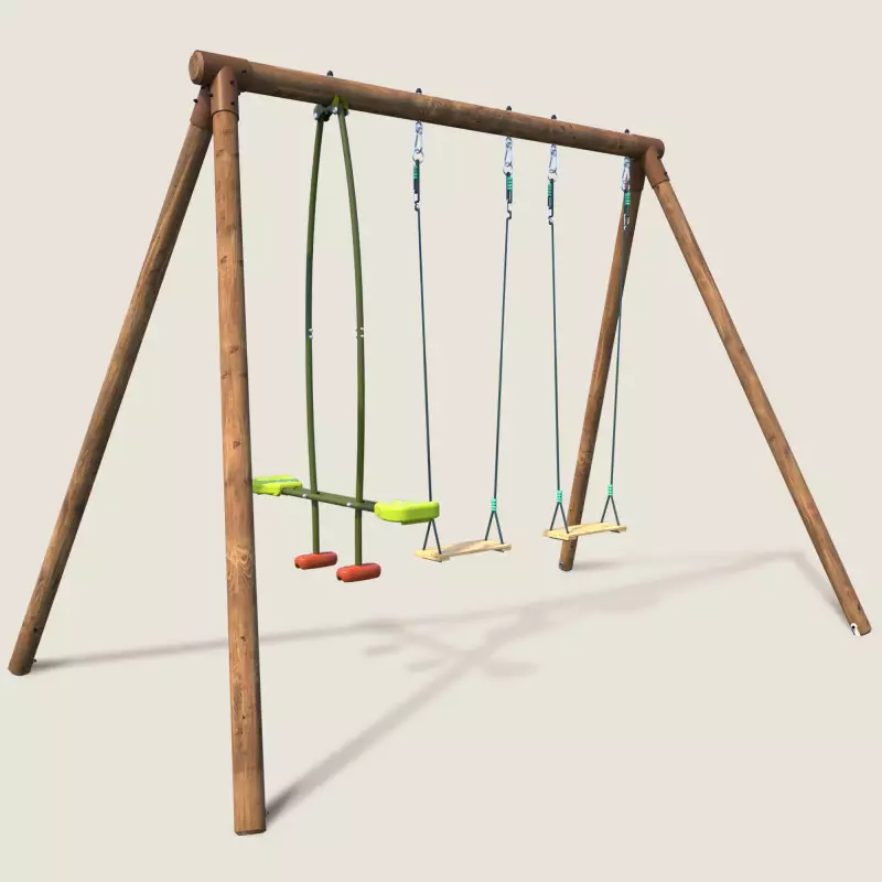 Portique balançoire en bois CONFETTIS avec 3 agrès, face à face et hauteur de 2,22 m vue 3/4