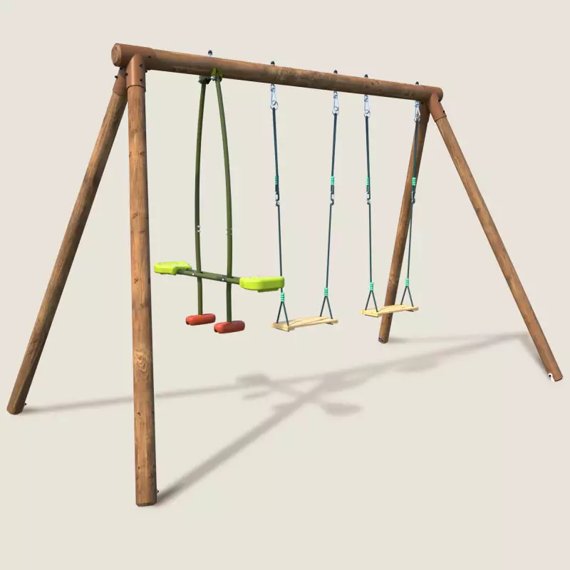Portique balançoire en bois FIESTA avec 3 agrès, face à face et hauteur de 1,95 m vue 3/4