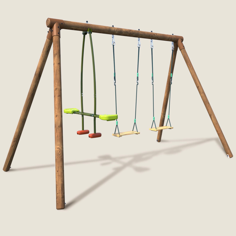 Portique balançoire en bois FIESTA avec 3 agrès, face à face et hauteur de 1,95 m vue 3/4