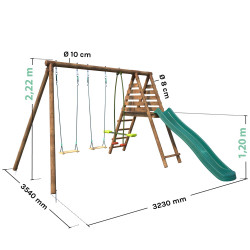 Dimensions du portique balançoire en bois CARNAVAL avec 3 agrès et toboggan double vague