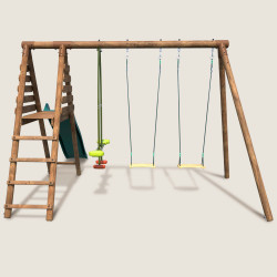 Vue arrière du portique balançoire en bois CARNAVAL avec 3 agrès et toboggan double vague