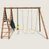 Vue arrière du portique balançoire en bois CARNAVAL avec 3 agrès et toboggan double vague