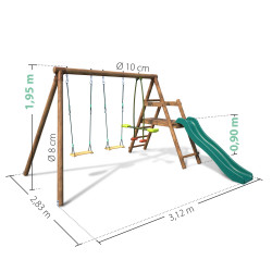 Dimensions du portique balançoire en bois PARTY avec plateforme basse et toboggan pour jeunes enfants