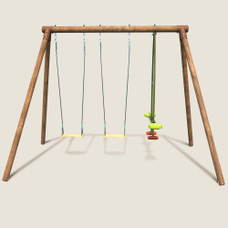 Vue arrière du portique balançoire en bois CONFETTIS avec 3 agrès et face à face