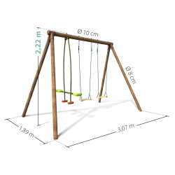 Dimensions du portique balançoire en bois CONFETTIS avec hauteur de 2,22 m