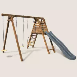 Balançoire en bois 3 agrès balançoire bébé, corde disque et toboggan FLEUR