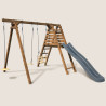 Balançoire avec toboggan en bois traité carré, Objectif Nature 3 agrès - Fleur - Vue de 3/4