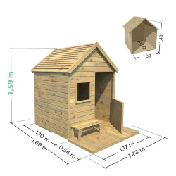 Cabane en bois traité avec terrasse et banc enfant - Heidi - Dimensions du produit