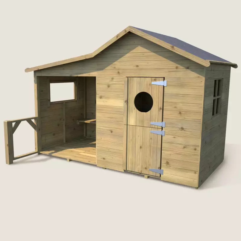 Cabane en bois traité pour enfant avec préau et banc - Hacienda - Vue 3/4 gauche