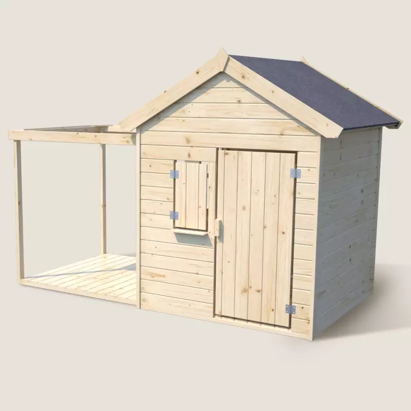 Cabane enfants avec pergola et plancher Epicerie dans un jardin - Vue packshot beige 3/4