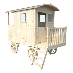Cabane maisonnette en bois mobile pour enfant - Roulotte Carry - Vue 3/4 droite - Fond blanc