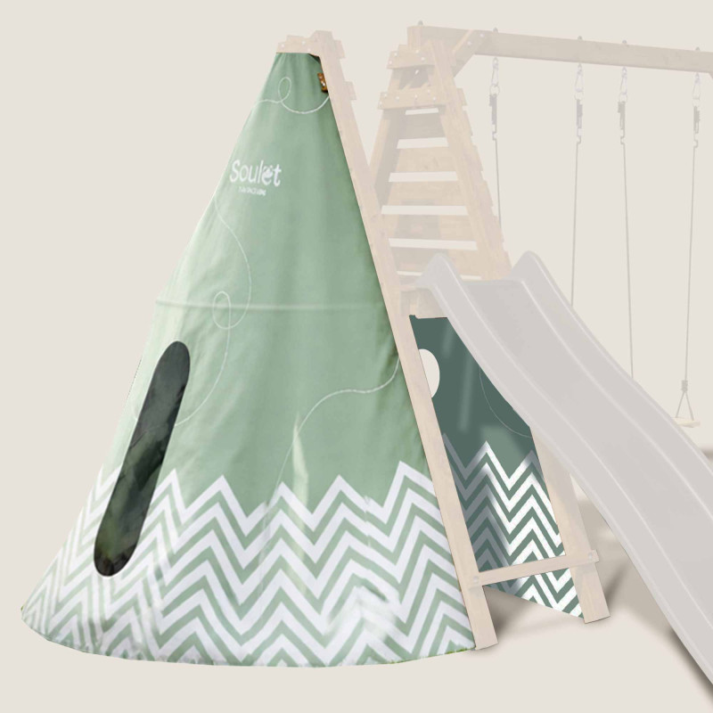 ccessoire tipi Soulet installé sur un portique balançoire en bois sur fond beige