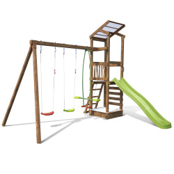 Aire de jeux avec mur d'escalade et portique - HAPPY Swing & Climbing 120 - Aire de jeux, avec toboggan h. 120 cm - Fond blanc