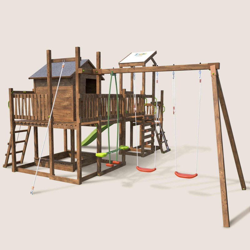 Aire de jeux pour enfant maisonnette avec mur d'escalade et corde à  grimper - COTTAGE CRAZY - Vue 3/4 gauche