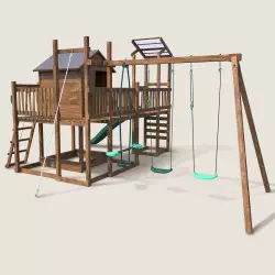 Aire de jeux avec cabane sur pilotis, portique 3 agrès et toboggan COTTAGE FUNNY
