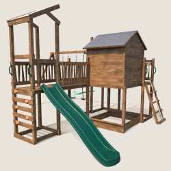 Aire de jeux pour enfant maisonnette avec portique et mur d'escalade - COTTAGE FUNNY - Vue 3/4 droite