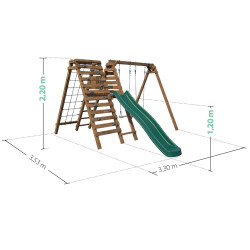Dimensions de la balançoire en bois HERA Soulet avec toboggan, tipi et 3 agrès