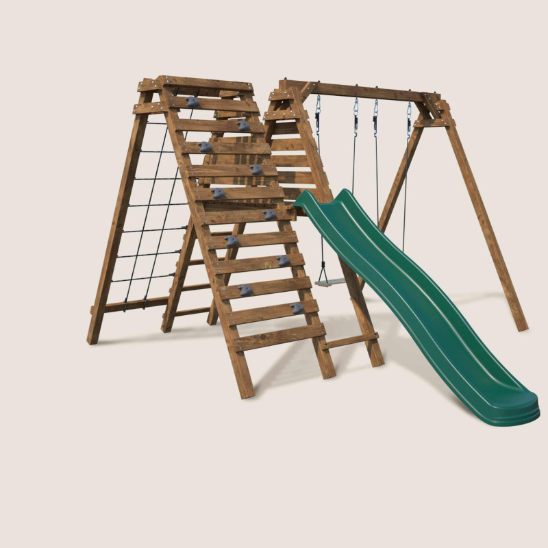 Balançoire en bois HERA Soulet 3 agrès avec siège bébé, tipi et toboggan vue 3/4 sur fond beige