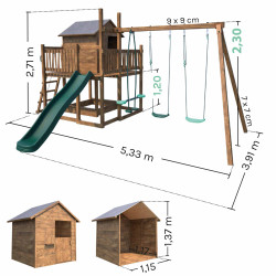 Dimensions hors tout de l'aire de jeux et extérieur et intérieur cabane pour enfants de 3 à 12 ans