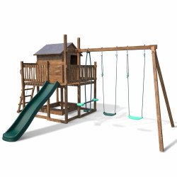Grande aire de jeux en bois avec cabane et balcon sur pilotis 2 balançoire et 1 vis à vis, vue 3/4 sur fond blanc