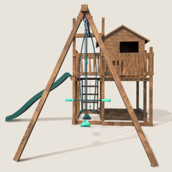 Vue de côté de l'aire de jeux en bois avec 3 agrès et toboggan