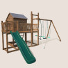 Grande aire de jeux en bois, vue 3/4 ave toboggan double vague, cabane perchée et portique balançoire