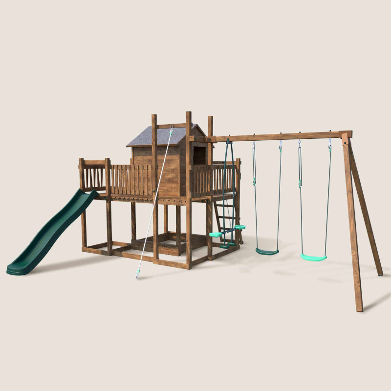 Grande aire de jeux en bois, vue 3/4 ave toboggan double vague, cabane perchée et portique balançoire