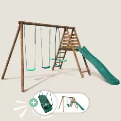 Balançoire en bois 4 agrès siège bébé, face à face, toboggan JONQUILLE