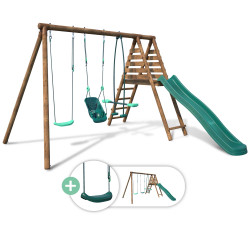 Station en bois avec portique 3 agrès et toboggan et nid - Tulipe - Un agrès balançoire inclus.packshot