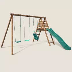 Balançoire en bois 3 agrès avec siège bébé et toboggan ANKARA