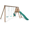 Station balançoire en bois traité pour enfant 3 agrès et toboggan - Ankara - Vue 3/4 droit - Fond blanc