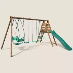 Balançoire en bois 4 agrès avec face à face et toboggan JACINTHE