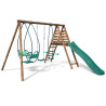 Portique en bois avec balançoire balancelle et toboggan - Nigel - Vue 3/4 droite - Fond blanc