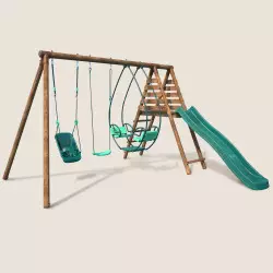 Balançoire en bois 3 agrès avec siège bébé et toboggan COLZA