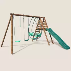 Balançoire en bois 3 agrès avec face à face et toboggan NARCISSE