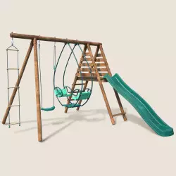 Balançoire en bois rond 3 agrès avec face à face, échelle et toboggan LAVANDE