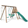 Station portique en bois 3 agrès avec échelle et toboggan - Lavande - Vue 3/4 droite - Fond blanc