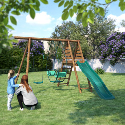 Station portique en bois 3 agrès avec échelle et toboggan - Lavande - Usage familial en extérieur.