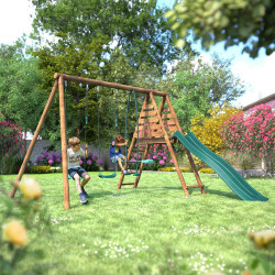 Portique balançoire en bois avec plateforme 3 agrès et toboggan - Violette - Usage familial en extérieur - Jardin avec enfants