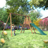 Portique balançoire en bois avec plateforme 3 agrès et toboggan - Violette - Usage familial en extérieur - Jardin avec enfants